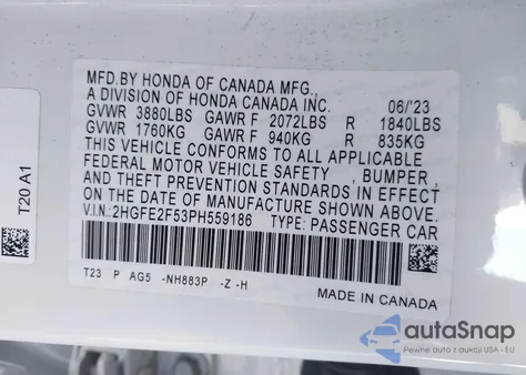 2023 Honda Civic Sport from USA, damaged, VIN 2HGFE2F53PH559186